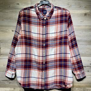 Gap Women's XXL Boyfriend Flannel Shirt Red White Plaid Button Up Long Sleeve
